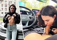 Schneller Auto-Blowjob auf öffentlicher Straße beim schnellen Fahren