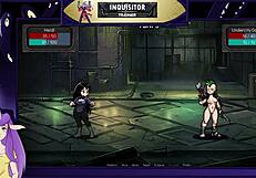 Warhammer Inquisitor Trainer présente une brune aux gros seins utilisant un gode