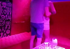 Blonde beauty gets hubby's cock in public bar scene