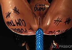 Strap-on i action när kåt lesbisk blond hora knullas hårt i bojor