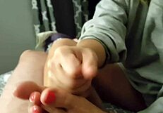 Cute blonde wife sucks her man’s cock and performs a foot massage, and finger her pussy