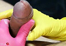 Handjob & cum on latex gloves for amateur gay man