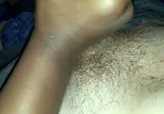 Big black cock jizz on amateur black girl's hairychest