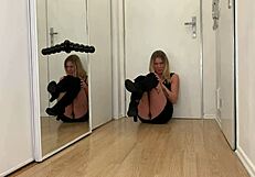Masturbation with sex toy on mirror of amateur blonde