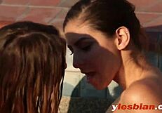 ellena and her redhead lesbian friend lick shaved pussies outdoors