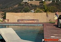 ellena and her redhead lesbian friend lick shaved pussies outdoors