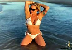 Brunette babe goes on the beach with her friends in their birthday suits