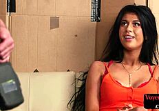 Busty Voyeur Babe in Heels Teasing Dude While Tugging Hard Cock!