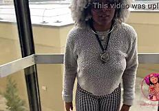 Look at these pierced nipples flashing in the elevator, says the ebony solo girl