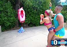 Blowjobs and riding from behind from basketball babes dressed in little outfits