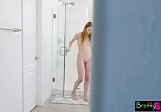 Petite redhead step sis rides cowgirl in anal blowjob scene.