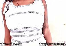 Ebony beauty swallows big white cock with tongue piercing