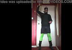 Blindfolded bisexual crossdresser swallows his own pee