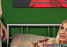 I watch the busty blonde milf domina humiliate the moron with her big tits and stockings.