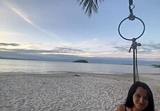 Beautiful Lari in shibari bondage at sunset, exposing her small tits and pussy