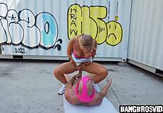 blonde amateur bends over for anal assfucking and blowjob leading to public squirting