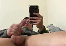 Frat guy strokes big cock in mirror and cums everywhere