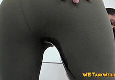 Babe In Leggings Wizzing On Floor Plays With Piss