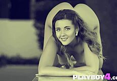 Petite model dances outdoors, contrasting with the hot brunette's sensual moves