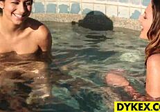 two hot gals lick each other outdoors with strapon toys