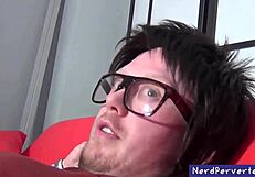 Nerdy brunette sucks cock passionately