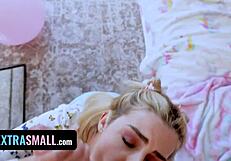 Teen babe first scene with huge thick cock in raw brutal scenes at Teenie blonde blows off big cock in rough and intense video