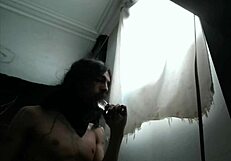 Ladyboy performs deepthroat on dildo for extended time