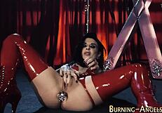 inked emo girl rubs herself with toys