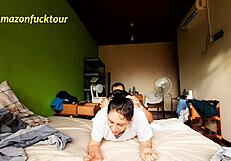 On a sunday morning, a mature latina wife enjoys solo play in doggy style, moaning softly at home with her bent-over position and shaved pussy on display.