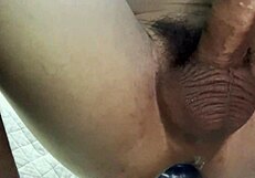 Tight asshole rides huge dildo to explosive cumshots for intense orgasms.