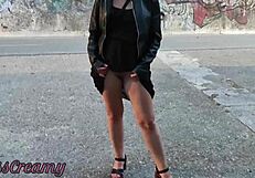 Hot teacher flashes wet pussy to strangers on street!