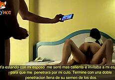 Slutty wife in hotel lingerie endures double penetration from lover and cuckold husband, creampied by both