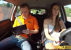 Cute brunette Jenifer Jane seducively grabs her instructor’s attention in a funny way