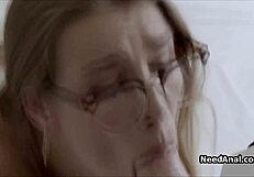 hottie in stockings sucks tutor's monster cock