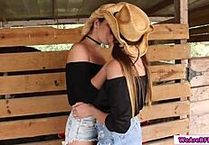 Three latina babes lick each other's pussy on the ranch.