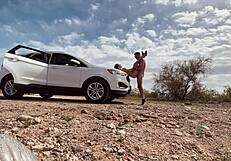 Blonde MILF caught with big cock in car, intense desert sex orgasm