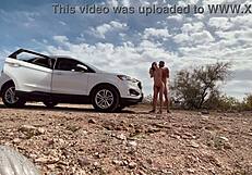 Blonde MILF caught with big cock in car, intense desert sex orgasm