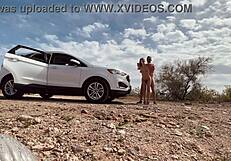 Blonde MILF caught with big cock in car, intense desert sex orgasm