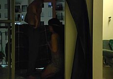 Naughty Colombian BBW challenges girlfriend to deepthroat big cock on apartment balcony, caught in bukkake.