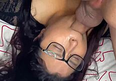 babe gives intense blowjob, face hanging with cum