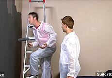 Tattooed gay workers tease big cocks with anal fucking