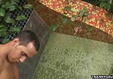 foxy brunette shemale babe slurps hard cock