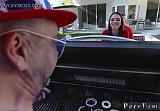 Stepmom's heart raced as she embraced the big tit milf brunette in passionate stepfamily fun on Fourth of July.