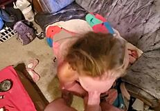 Sexy Blonde Stepmom Deepthroats Stepsons Cock.