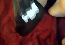 intense teen babe doing bold footjob in stockings for first time, pov cumshot