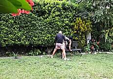 Fucking this horny mature in the garden!