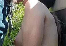 Female slave participates in an outdoor session on April 23, 2021.