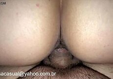 Wife's shaved pussy cums hard twice with vibrator and riding