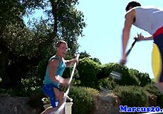 Hey! Watch gay muscular jocks sword fighting poolside!