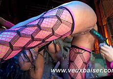 Blonde Slave Licked and Swallowed by Lesbian Group with Toys